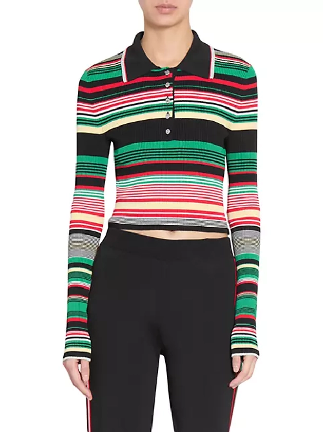 Striped Rib-Knit Long-Sleeve Polo Shirt