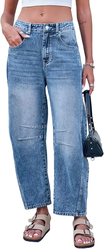 Mid Rise Barrel Jeans for Women Wide Leg Mid Waist Cropped Denim Pants Y2k Baggy Boyfriend Jeans with Pockets