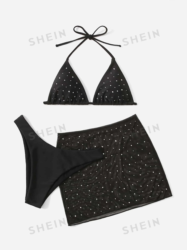 SHEIN Swim Summer Beach Mesh Bikini Set Rhinestone Halter Triangle Bra Top & High Cut Bikini Bottom & Skirt 3 Piece Bathing Suit
