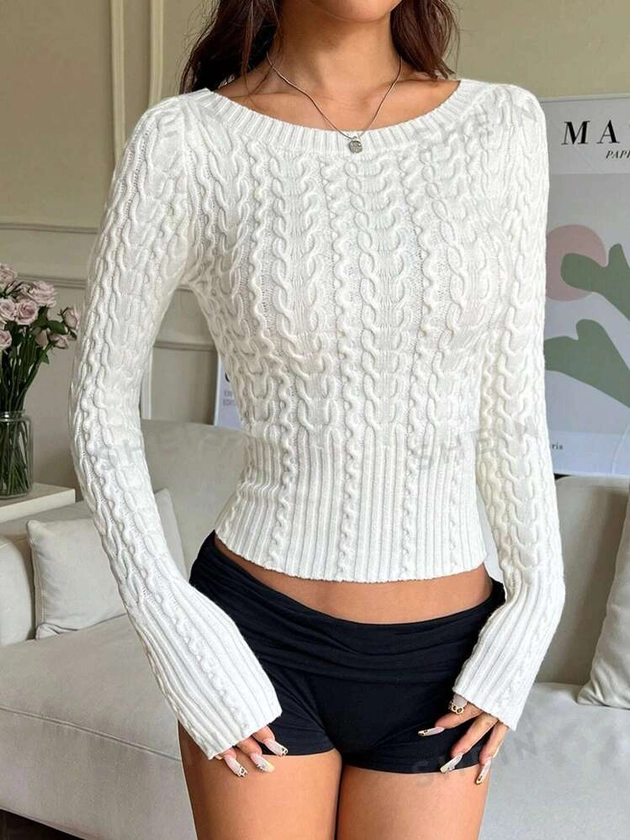 SHEIN EZwear Women Casual Solid Crew Neck Fitted Cropped Cable Knit Sweater