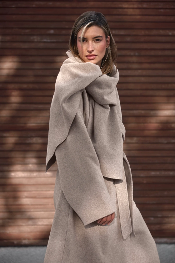 Wool Blend Scarf Detail Coat Beige