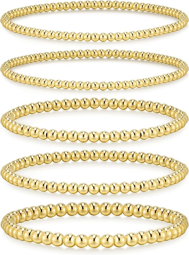 Gold Bracelets for Women Gold Beaded Bracelets for Women 14K Gold Plated Stretch Gold Bracelet Hypoallergenic Stackable Bracelet Set