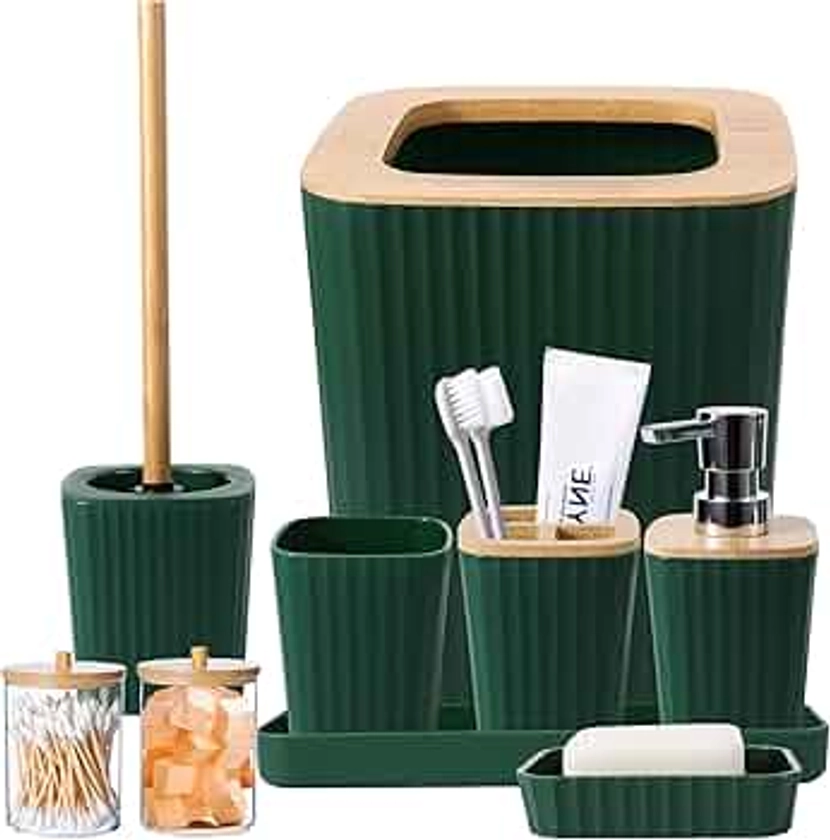 Bathroom Accessories Sets Complete, 9-Piece Dark Green Bathroom Accessories with Trash Can, Vanity Tray, Soap Dispenser, Soap Dish, Toothbrush Holder, Toothbrush Cup, Toilet Brush and Qtip Holders