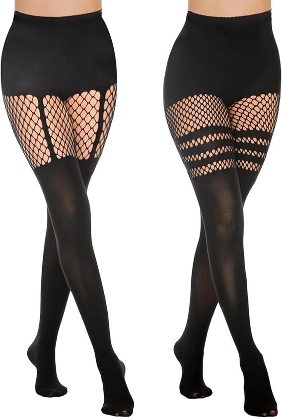 MANZI Faux Thigh High Tights Mock Suspender Pantyhose Striped Goth Fishnets Pack of 2