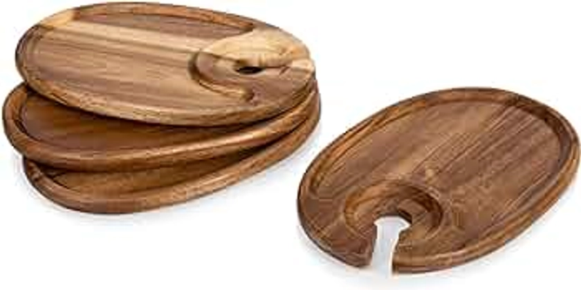 PICNIC TIME TOSCANA -Wine Appetizer Plates, Cocktail Plate with Glass Holder, Cheese Board with Wine Holder, (Acacia Wood), 9 x 6, Set of 4