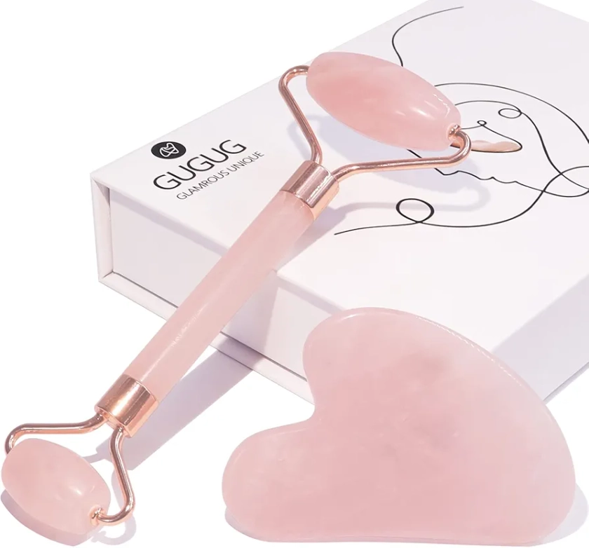 GUGUG Jade Roller and Gua Sha Set, Rose Quartz Roller with Guasha Stone, Face Roller for Women, Massage Tool for Face, Neck and Body Muscle Relaxing