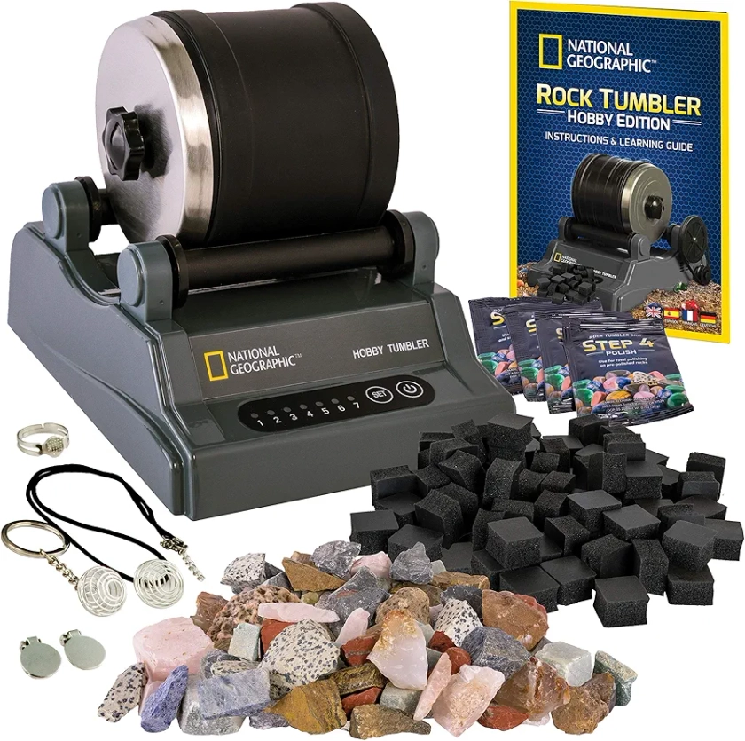 National Geographic Hobby Rock Tumbler Kit - Rock Polisher for Kids & Adults, Durable Noise-Reduced Barrel, Rocks, Grit & New GemFoam for a Shiny Finish, Cool Toys, Great STEM Hobby Kit