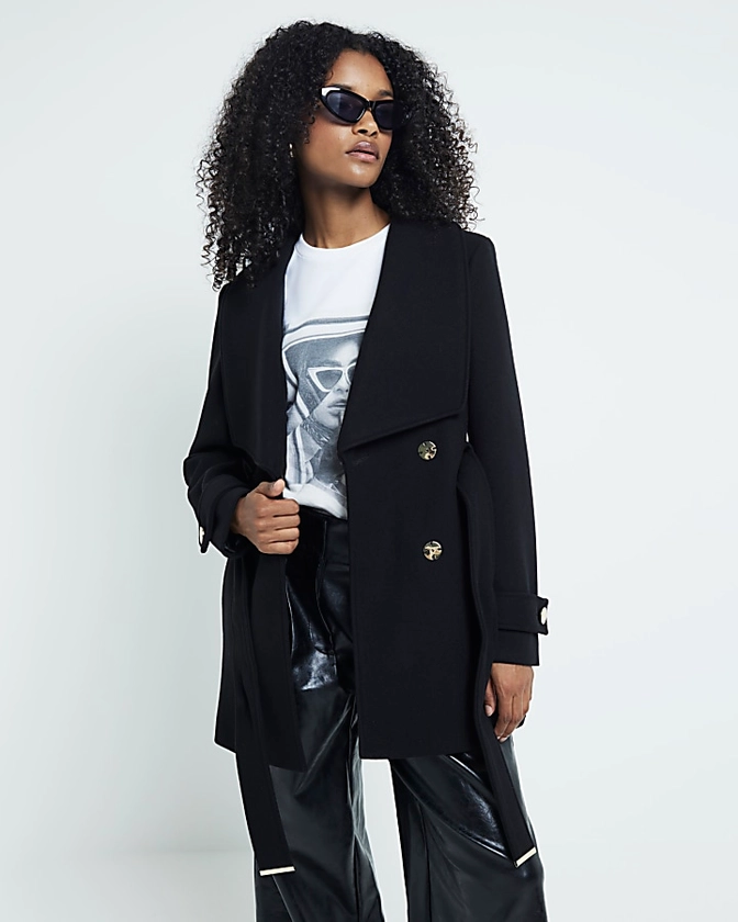 Black Short Belted Wrap Coat | River Island