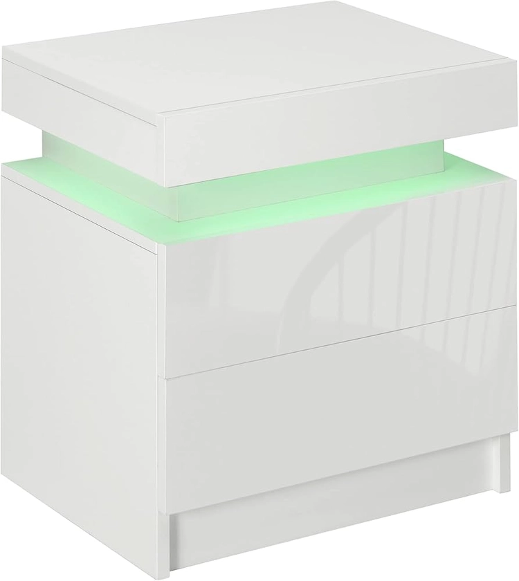 HOMCOM High Gloss Front Bedside Table, Nightstand with 16 Colours RGB LED Light and 2 Drawers for Bedroom, White : Amazon.co.uk: Home & Kitchen