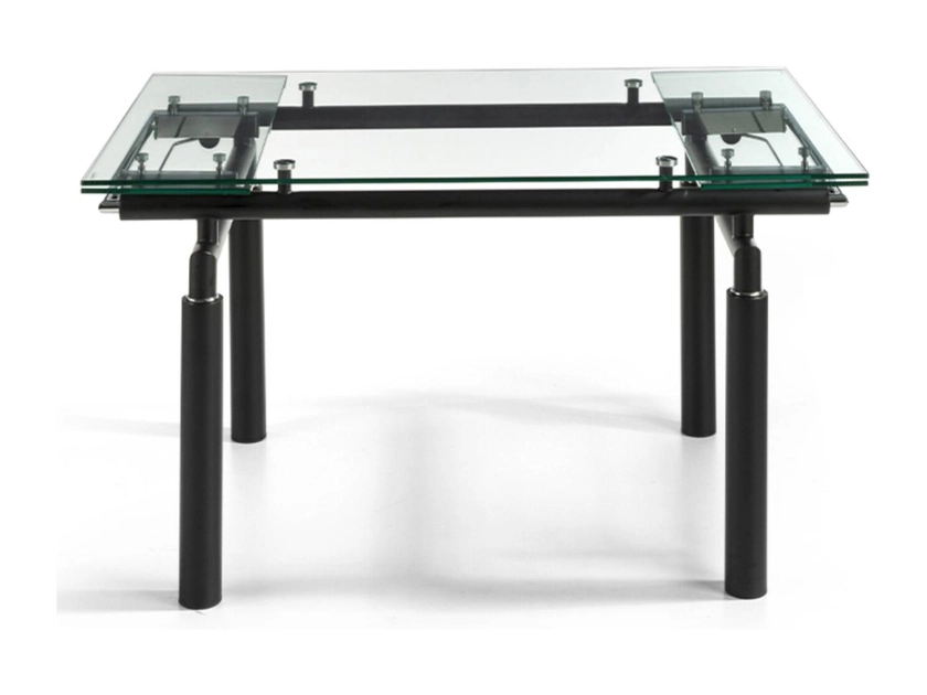 Table à manger design extensible verre transparent et pieds métal noir Stramo 140 à 200cm