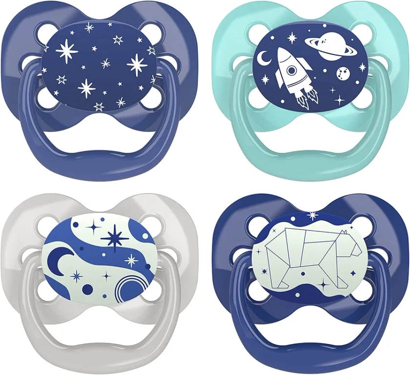 Dr. Brown's Advantage Glow-in-the-Dark Baby Pacifier, Fully Symmetrical Soother with Soft Silicone Bulb, 0-6m, BPA Free, Blue Sunrise and Blue Ocean, 4 Pack (Style May Vary)