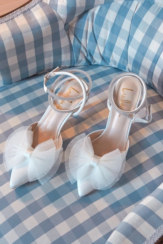 Lelanee White Satin Rhinestone Bow Ankle Strap Pumps