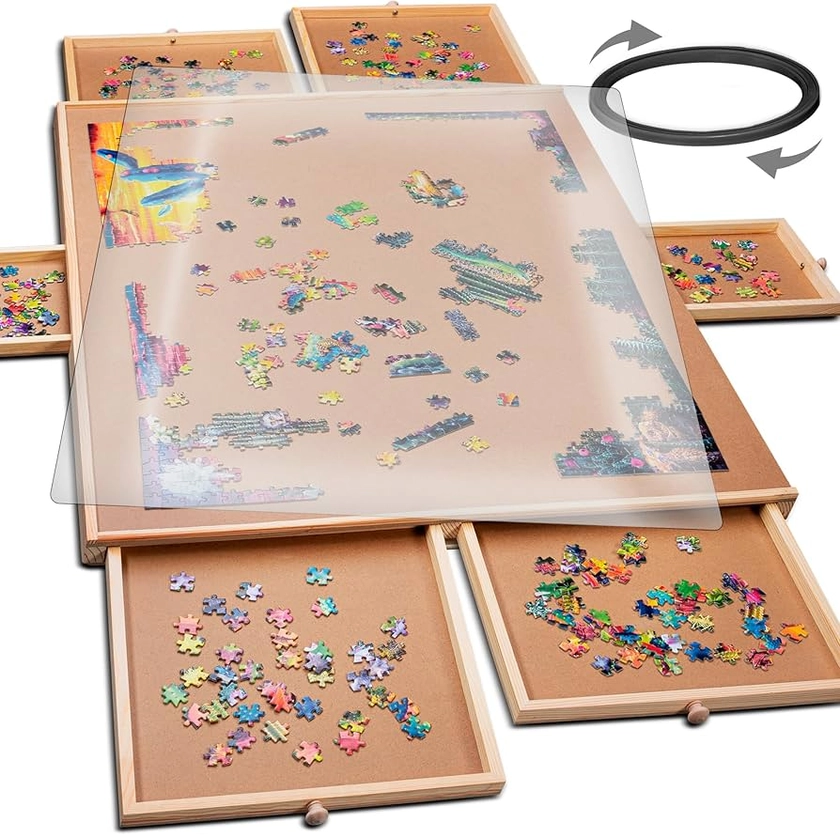 PLAYVIBE Rotating Jigsaw Puzzle Board with Drawers 1000 Piece – Puzzle Table with Cover, 4 Drawers, 22 1/4” x 30" – Wooden Puzzle Organizer – Puzzle Accessories (1500 Piece Rotating)