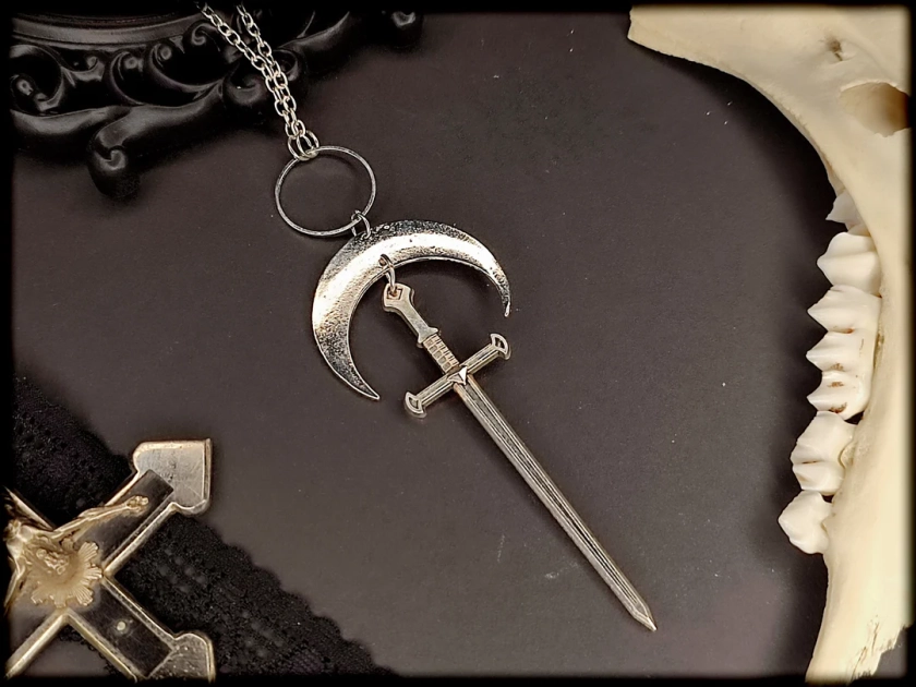 Magic Sword Crescent Necklace // Witch, Witch Necklace, Witch Jewelry, Magic Necklace, Magic Symbol, Sorcery, Witchcraft, Mythology, Occult