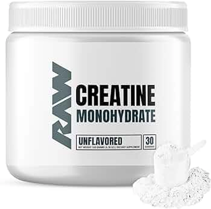 RAW Nutrition Creatine Monohydrate Powder, Unflavored (30 Servings) - Micronized Creatine Monohydrate Supplement for Workout Performance, Build Muscle & Strength - Creatine Powder for Men & Women