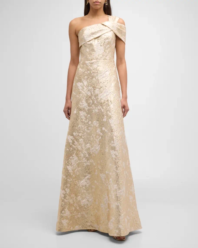 Rickie Freeman for Teri Jon One-Shoulder Metallic Jacquard A-Line Gown