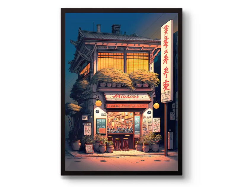 Evening at the Ramen Shop Poster, Japanese Anime Print, Ukiyo-e Art, Bedroom, Lounge, Wall Art, Home Decor, Gift, Framed, A6 A5 A4 A3 A2 A1