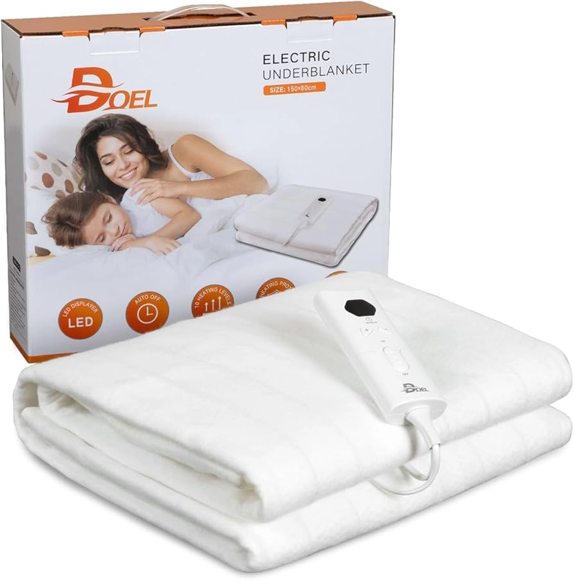 DOEL Electric Blanket Single 150x80cm, 66W Polyester Heated Underblanket with 10 Heating Levels, 3/12 Hours Auto-Off Timer and LED Display, Machine Washable, 220-230V, 50-60Hz, White