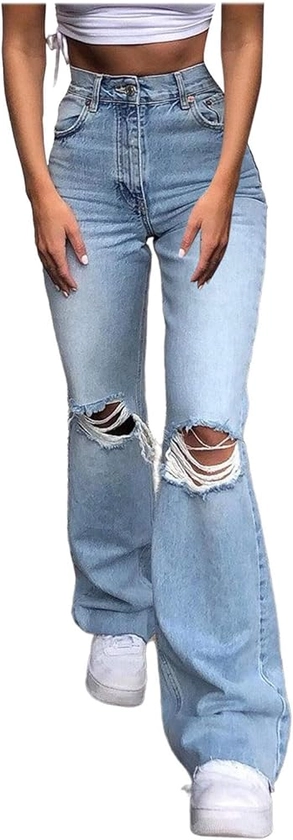 Knee Holey Jeans for Women Flare Classic Y2k Denim Jeans Wide Leg Casual Boyfriend Long Pants