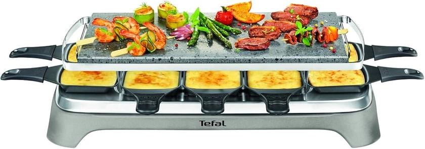 Tefal Appareil à raclette & Pierrade, Fonte parfaite du fromage, Jusqu'à 10 personnes, Pierre de lave naturelle, Rangement accessoires sous l'appareil, Inox&Design Raclette et Pierrade PR457B12