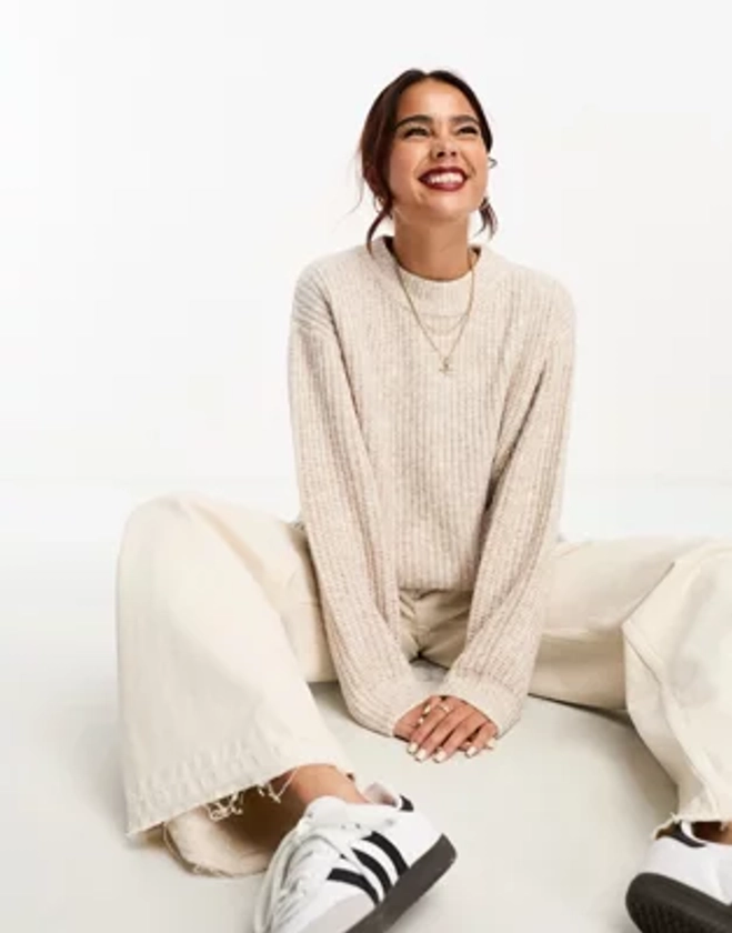 ASOS DESIGN fluffy rib jumper with crew neck in oatmeal