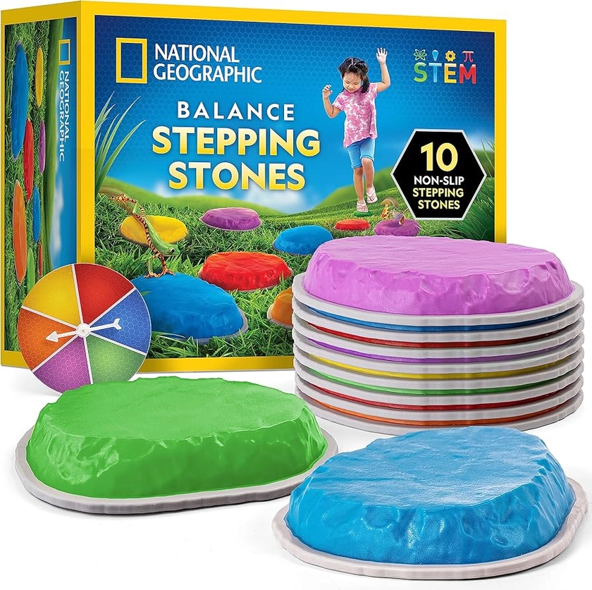 NATIONAL GEOGRAPHIC Stepping Stones for Kids – 10 Durable, Non-Slip Stones Encourage Toddler Balance & Motor Skills, Indoor & Outdoor Toys, Balance Stones, Obstacle Course (Amazon Exclusive)