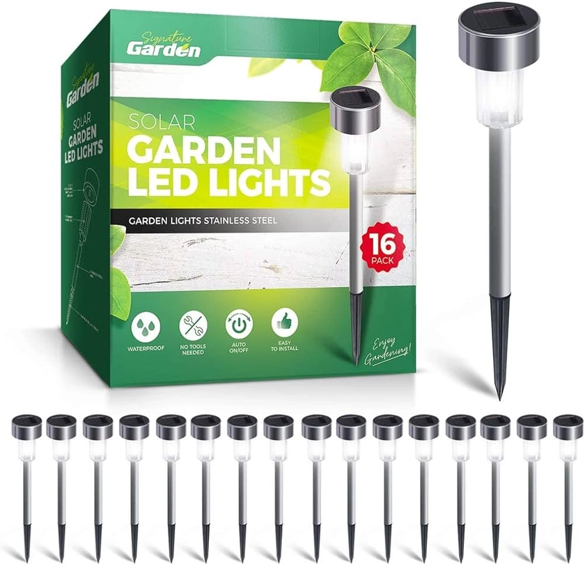 Signature Garden Mini Solar Stake Lights, Outdoor LED Garden Lights - Battery Lasts 10 Hours, Rust, Scratch & All-Weather Resistant, No Wire Installation (16 Pack, Silver) : Amazon.co.uk: Lighting