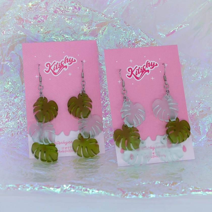 Handmade Monstera Plant Leaf Dangle Earrings — Kitschy - Handmade Acrylic Jewellery