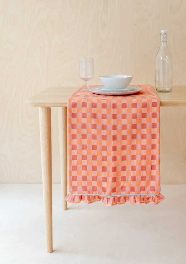 Cotton Table Runner in Apricot Checkerboard