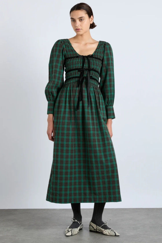 elle shirred midi dress - green check