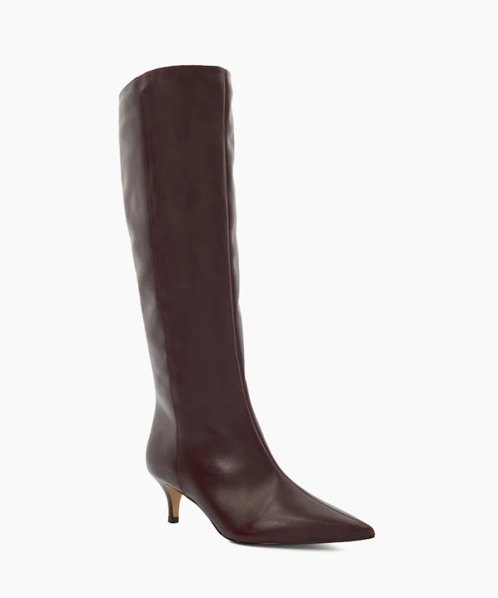 Smooth Dark Red, Kitten-Heeled Knee-High Boots | Dune London