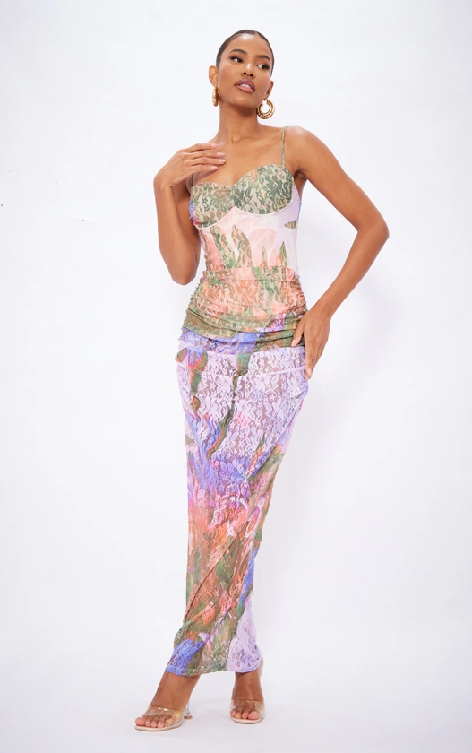 Lilac Printed Lace Underwired Ruched Maxi Dress