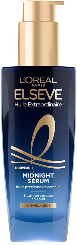 L'Oréal Paris - Sérum Capillaire de Nuit pour Cheveux Secs - Nutrition & Sans Transfert - Huile précieuse de Camélia - Elseve Huile Extraordinaire - 100ml