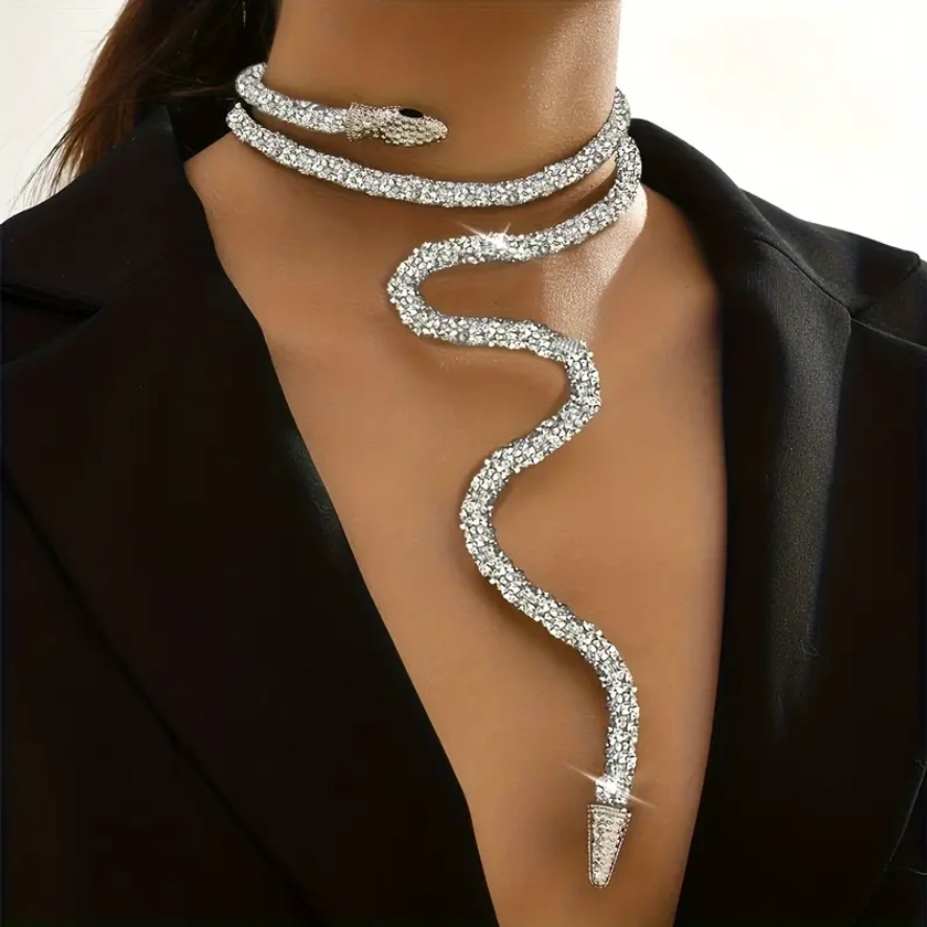 Luxurious Silvery Snake Rhinestone Collar Necklace - Temu