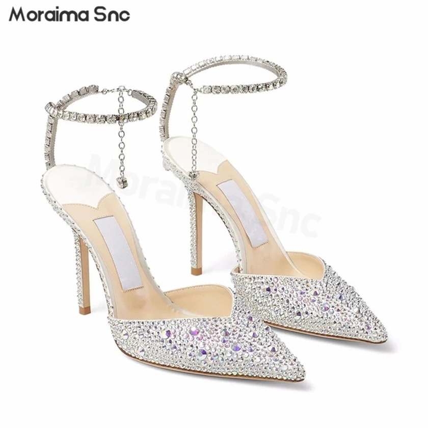 Catena di cristallo punta a punta tacchi alti Sexy tacchi a spillo strass bocca superficiale sandali eleganti e alla moda scarpe da donna