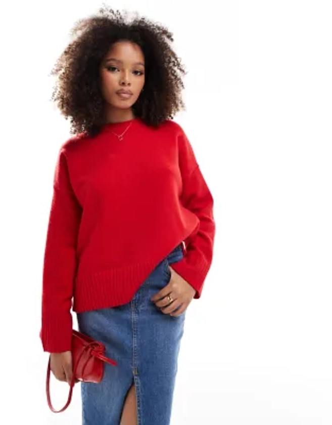 Bershka chunky crew neck jumper in red | ASOS