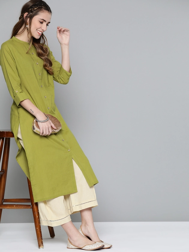 HERE&NOW Women Olive Green Solid Pure Cotton Kurta