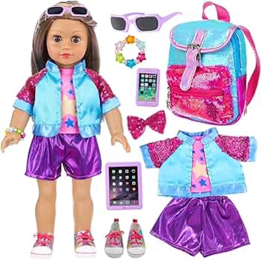 10 Pcs American 18 Inch Doll Accessories, 3-piece 18 Inch Doll Clothes Set with Doll Shoes, Hair Clip, Gradient Backpack, Bracelet, Sunglasses, Notebooks, Toy Tablet, Phone - Best Gift for Kids