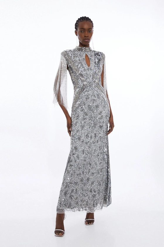 Petite Embellished Beaded Cap Sleeve Woven Maxi Dress | Karen Millen