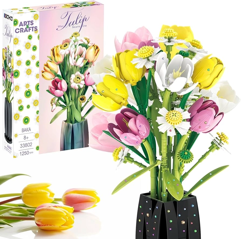 Amazon.com: BAKA Flower Bouquet Building Decoration Vase Set - Artificial Flowers with Tulip & Daisy, Arts and Crafts for Kids Ages 8-12+, Home Decor Gifts for Him and Her, Adults(1250 PCS) : Toys & Games