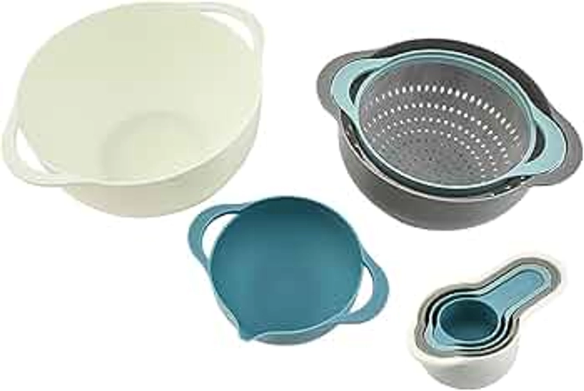 MiHerom Plastic Nesting Bowls Set with Mixing Bowls,Colanders,4 Measuring Cups,Sifter for Baking,Food Prep,RV Camping Accessories,8 Pieces