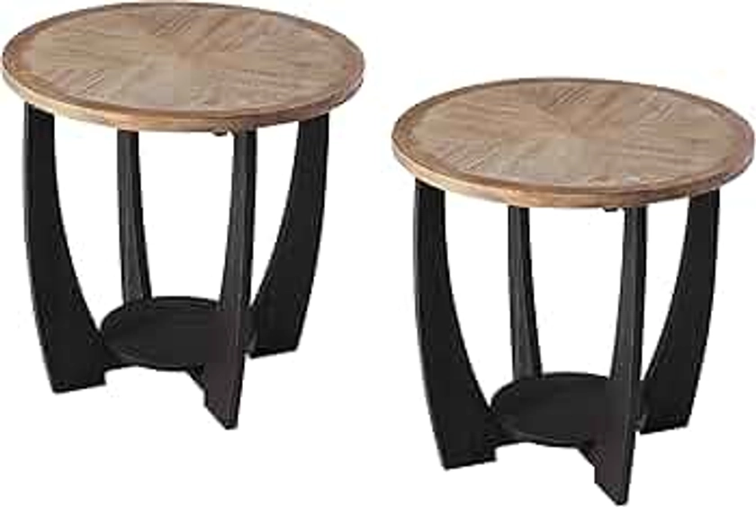 Rustic Farmhouse End Table -2P, French Country Accent Side Table for Family, Dinning or Living Room, Small Spaces, Modern, Round, Black End Table