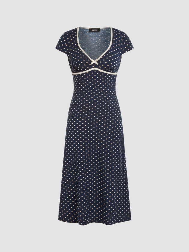 Knit Fabric Knit V-neck Polka Dot Bowknot Midi Dress For School Daily Casual Date Coffee Shop