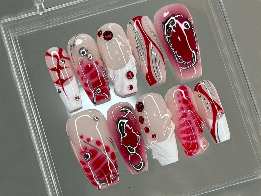 Mystical Blood Moon Press On Nails | Red & White Glossy Press-Ons | Shimmering Silver Accents On Fake Nails | Y2k Nails | HB137T