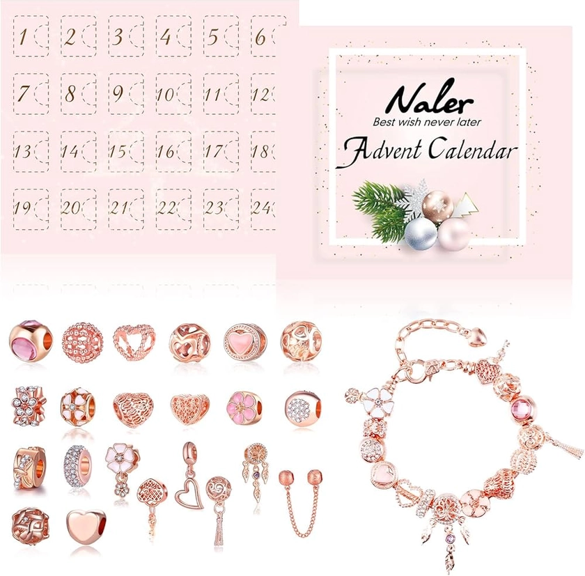 Naler Calendrier de l'Avent Bijoux 2024 Multicolore Noël, Kit de Bijoux Bracelet DIY Perles Européennes pour Enfant Femme, Bijoux Charmes Bracelet Perles 24 Pièces Rose Doré