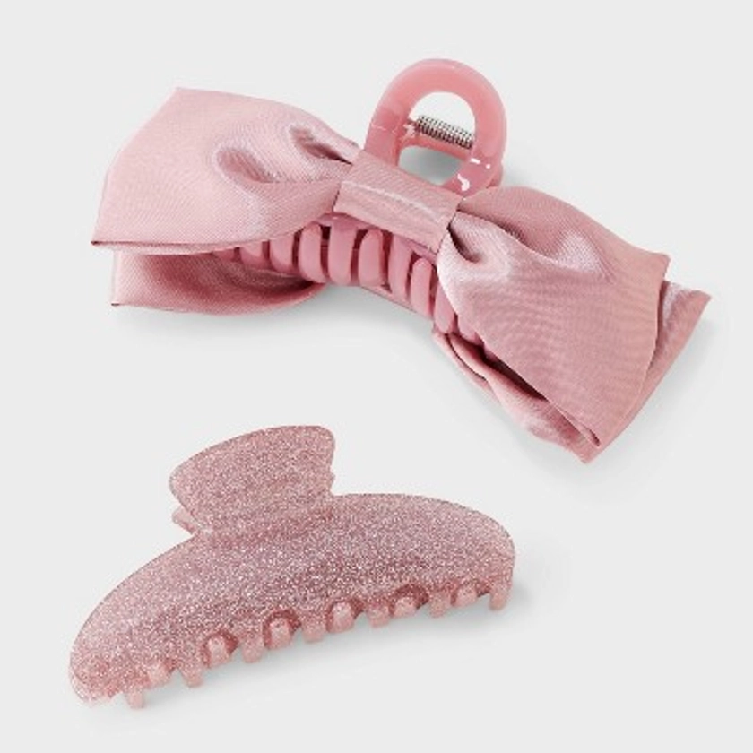 Glitter and Bow Claw Hair Clip Set 2pc - A New Day™ Pink