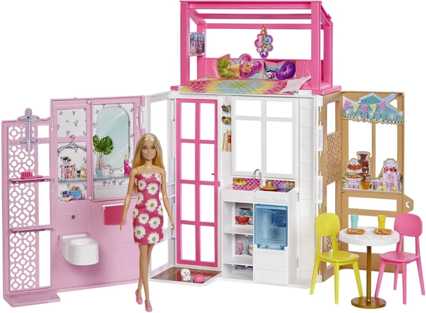 Barbie Cofret Maison et Poupée, avec Poupée et Maison à 2 Niveaux Entièrement Meublée avec 4 Zones de Jeu, Chiot et Accessoires, Cadeau pour Enfants à partir de 3 Ans, HCD48