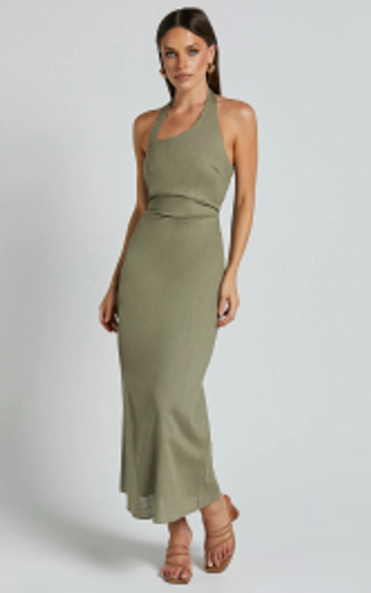 Lindley Midi Dress - Halter Neck Linen Look Dress in Olive