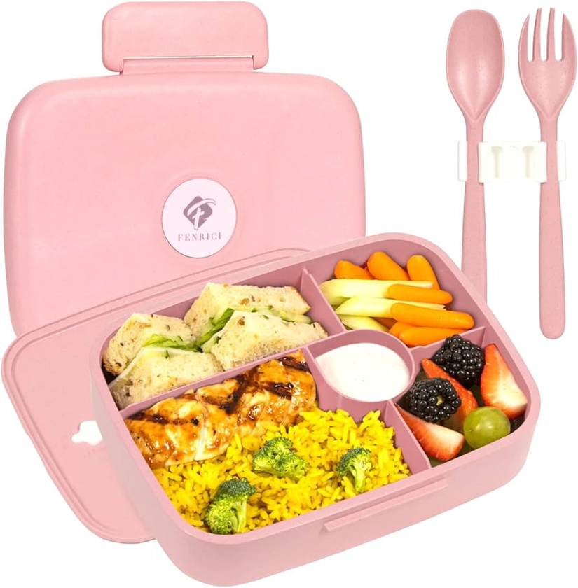 Fenrici Bento Lunch Box For Girls & Teens, Made with Plastic-Free Wheat Straw, Utensils Included, 5 Compartments, Best Lunch Box, BPA-Free Bento, Microwave and Dishwasher Safe, Pink