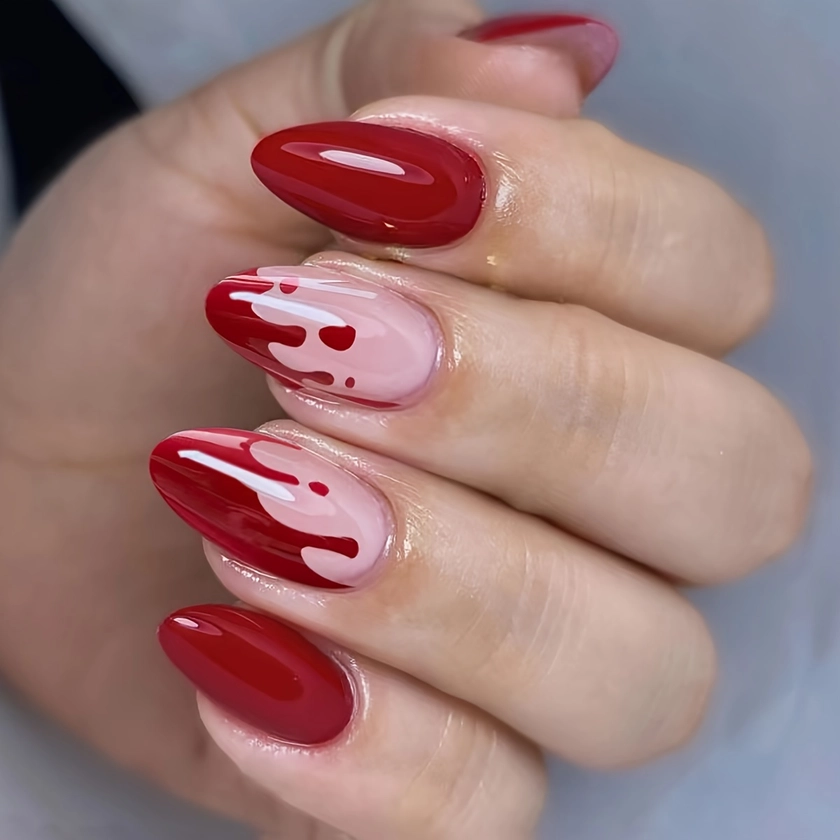 24pcs Glossy Medium Almond * Nails, Red Bleeding With Design Press On Nails, Scary False Nails For Women Girls